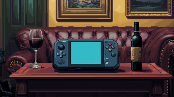 Pixel art of a handheld gaming console on a table next to a bottle and glass of wine in a classy study with leather chairs