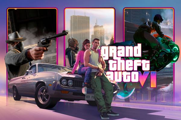 Promotional image of GTA VI with screenshots of other games in the background.