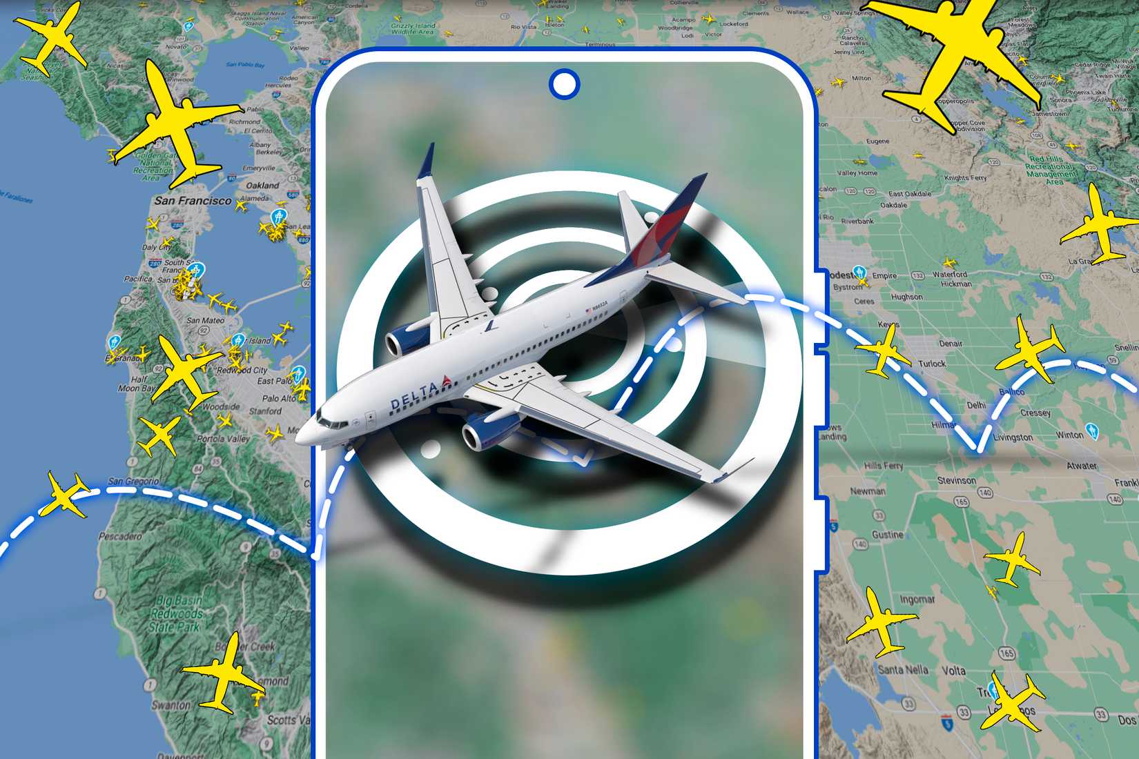 Tela de um telefone com radar e um avião e um mapa com vários ícones de aviões ao fundo.