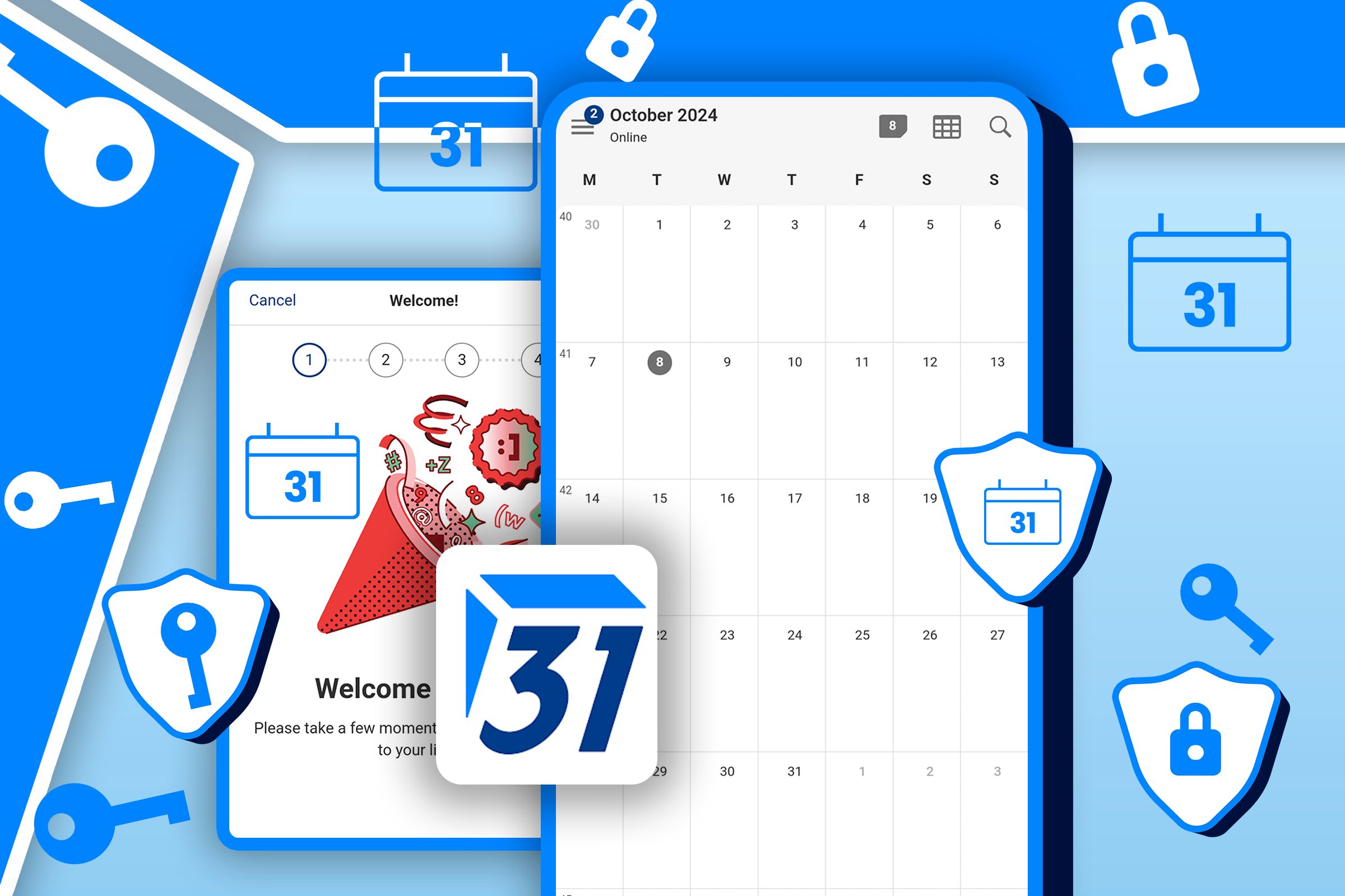 Screenshots of Tuta Calendar with the logo and some security icons.