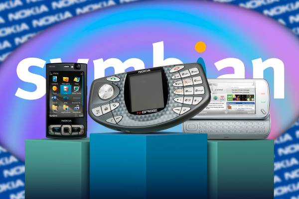 Some Nokia devices with the Symbian logo in the background.