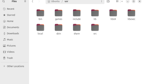 The usr directory in a file browser on Ubuntu Linux.