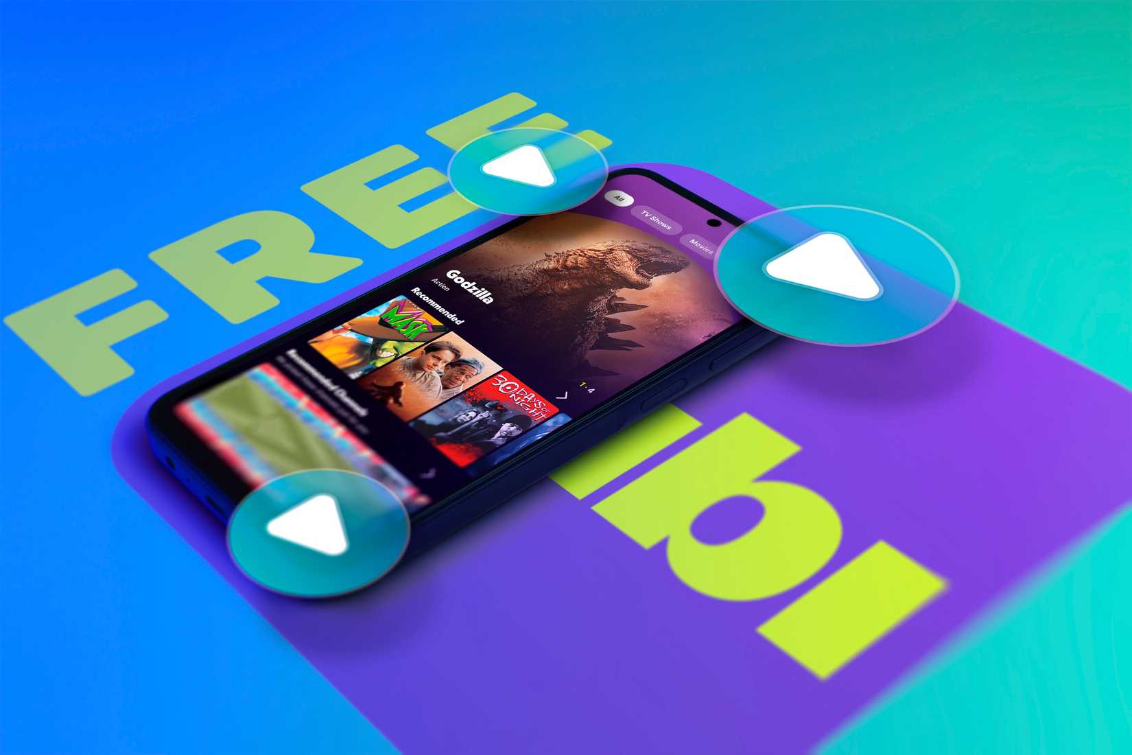 A phone with Tubi open and some play icons around it.