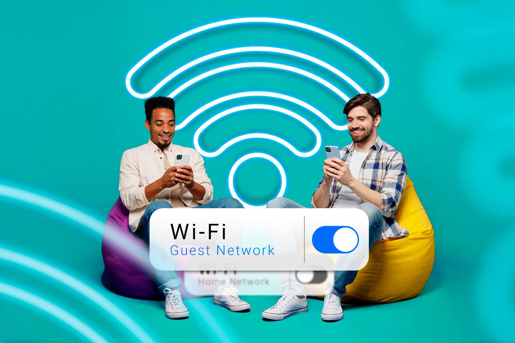 Dois caras sentados em um pufe usando seus telefones, um ícone de Wi-Fi no fundo e o Wi-Fi do convidado conectado.
