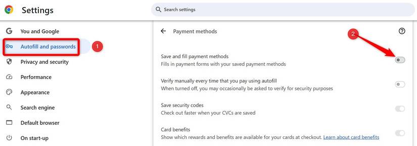 Disabling the autofill of payment methods in Chrome.