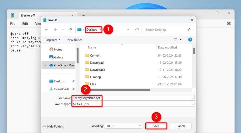 The "Save As" dialog box for saving a batch file.