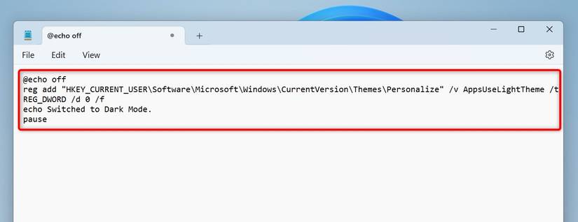 The batch file to enable dark mode.