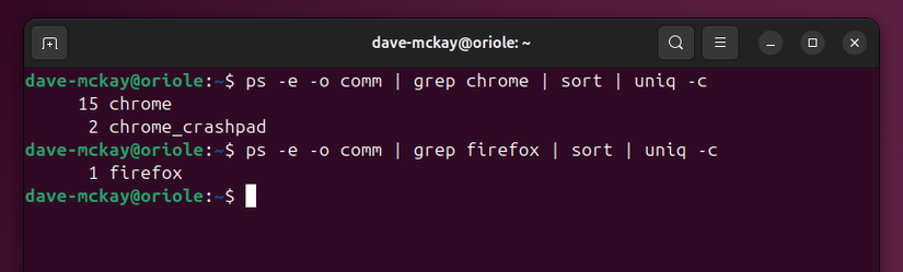 Using four piped commands, ps, grep, sort and uniq, to obain a count of the unique process names matching a search clue.