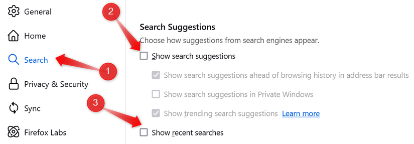 Disabling search suggestions and recent searches in Firefox.