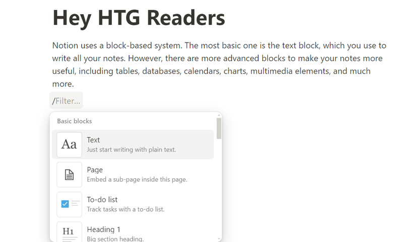 Notion blocks for creating notes.