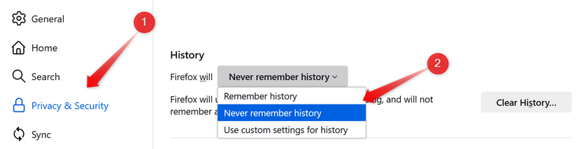 Stopping Firefox from saving history in settings.