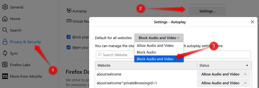 Blocking media autoplay in Firefox.