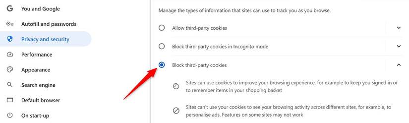 Blocking third-party cookies in Chrome.