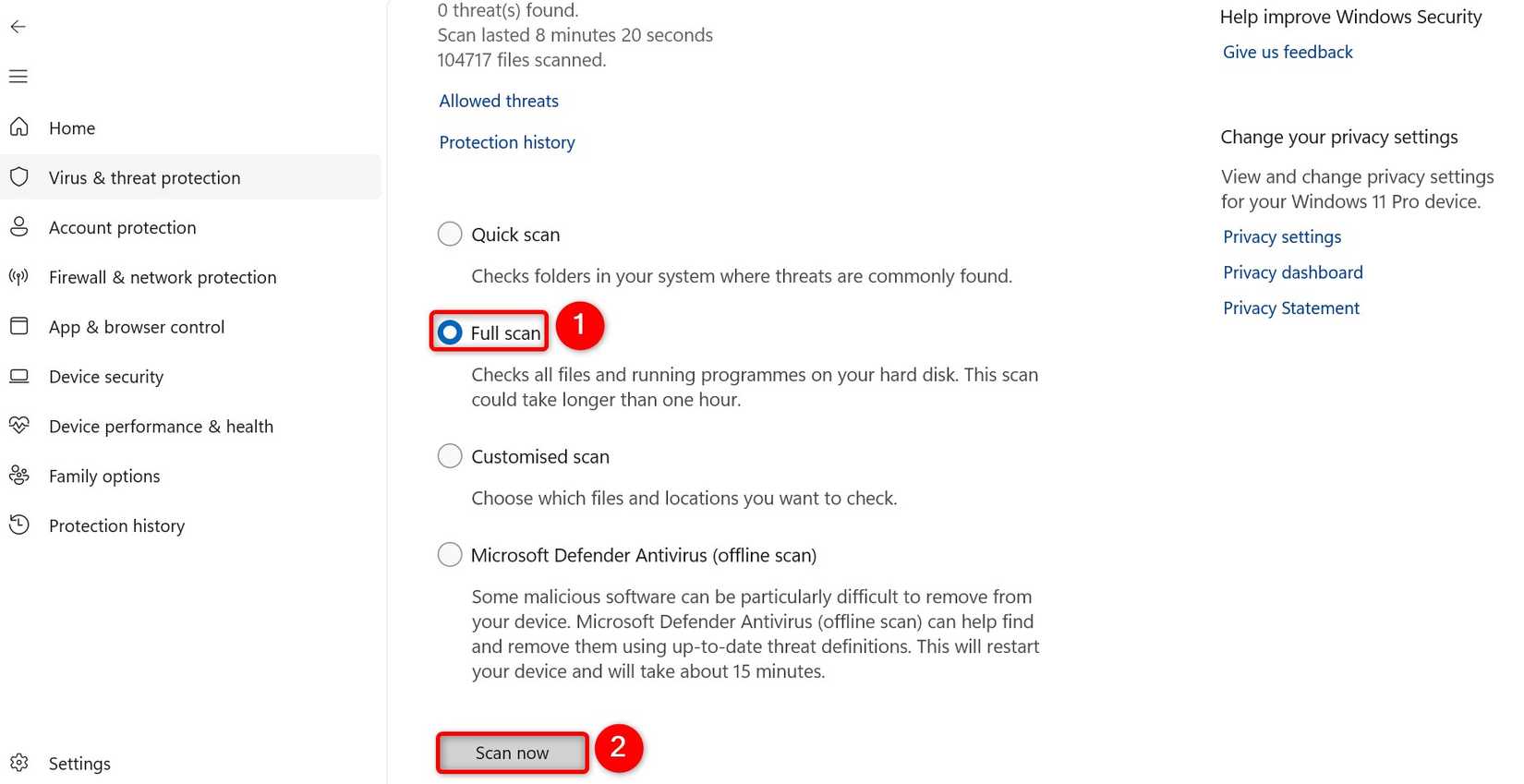 "Full Scan" and "Scan Now" highlighted in Windows Security.