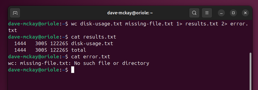 Redirecting stdout to one file, and stderr to another.