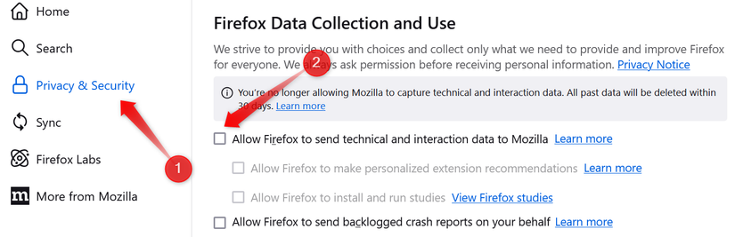Turning off data collection in Firefox.