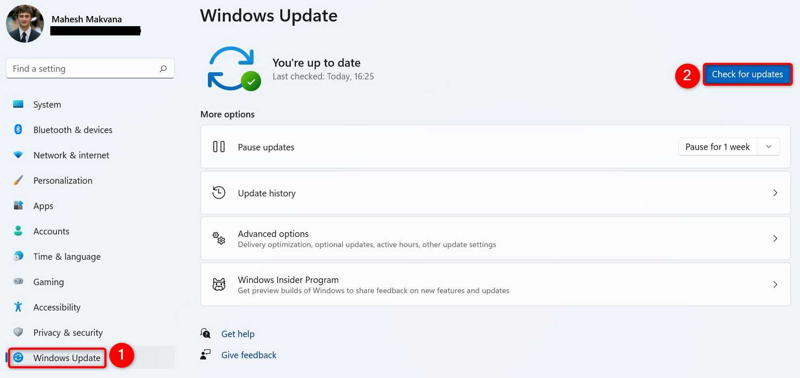 "Windows Update" and "Check for Updates" highlighted in Settings.