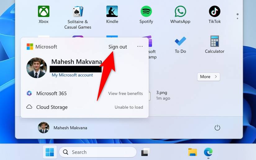 "Sign Out" highlighted in the user panel of the Start Menu.