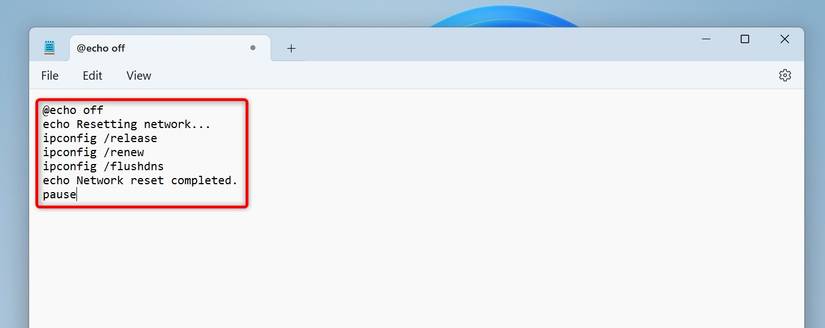 The batch file to reset the network.
