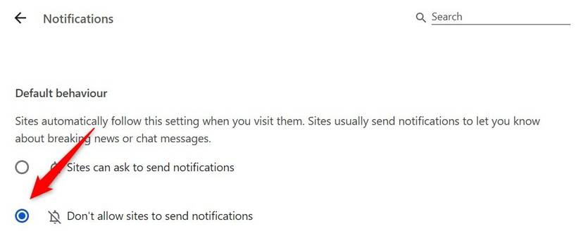 Blocking websites from sending notifications in Chrome.