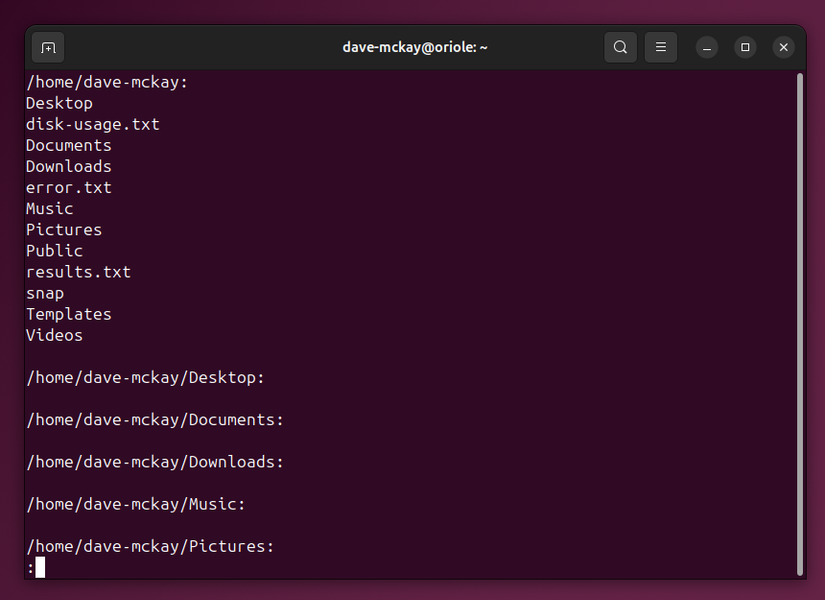 The results of a recursive ls command, displayed in the less file viewer.