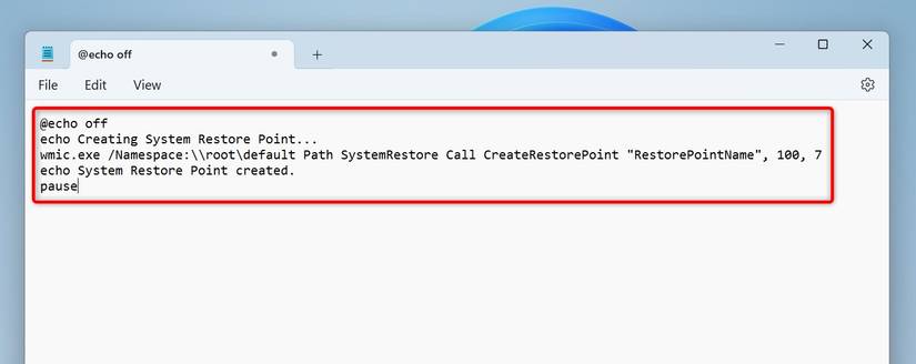 The batch file to create a system restore point.