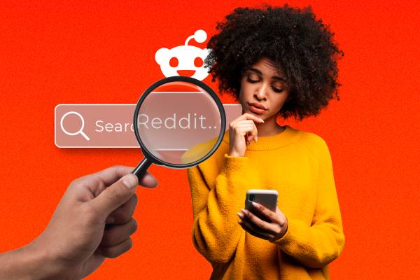 A confused woman using her phone, a search bar on Reddit in the background, and a hand holding a magnifying glass.