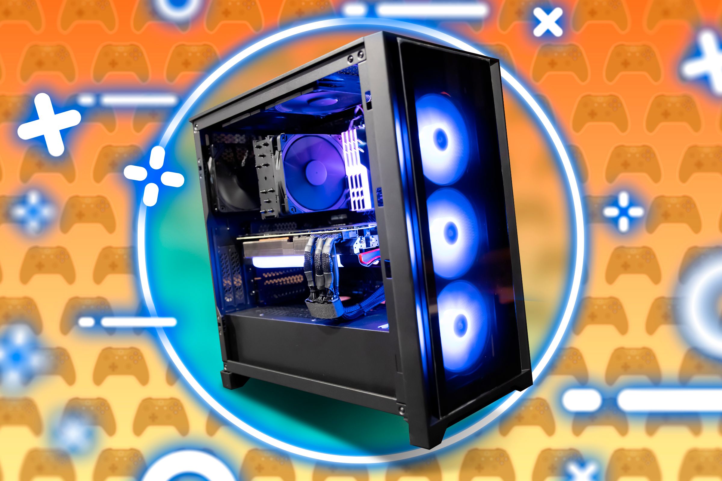 A gaming PC with several blurred controller icons on a gradient background.