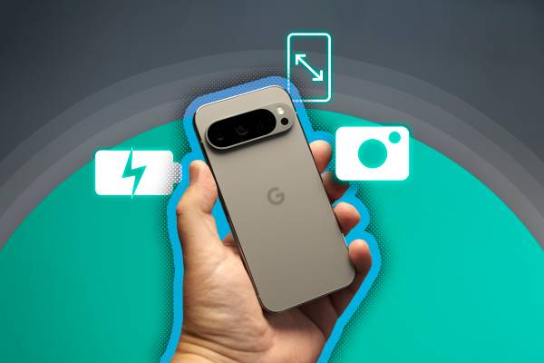 A hand holding a Google Pixel 9 Pro highlighting its battery, camera, and screen size features.