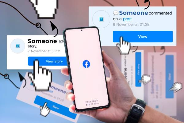 A hand holding a phone with the Facebook logo and some clickbaits beside it.