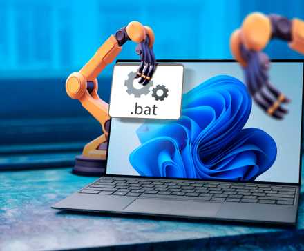 A laptop with Windows 11 and a mechanical arm holding a batch file.