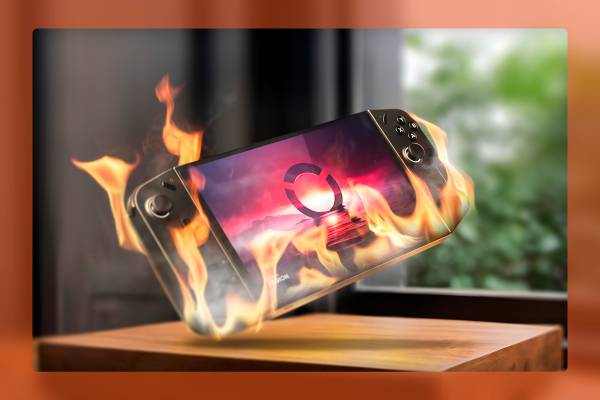 A Lenovo Legion Go on fire on a wooden surface.