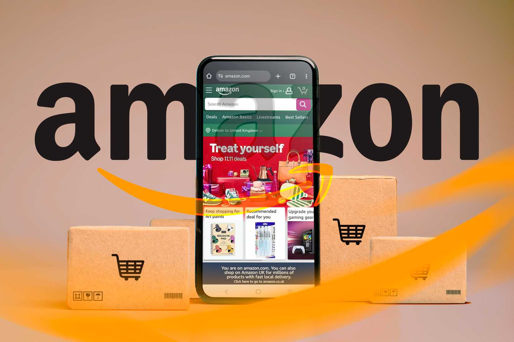 A phone on the Amazon website, some cardboard boxes next to it and the Amazon logo in the background.
