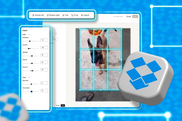 A photo being edited in Dropbox with the Dropbox logo next to it.