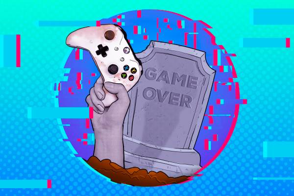 A tombstone with 'Game Over' written on it, and a hand emerging from the ground holding an Xbox controller, with glitch effects around.