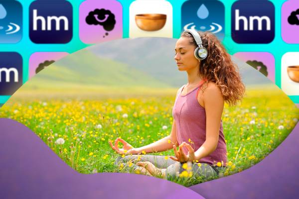 A woman wearing headphones meditating on a flower-filled lawn with logos of some apps in the background.