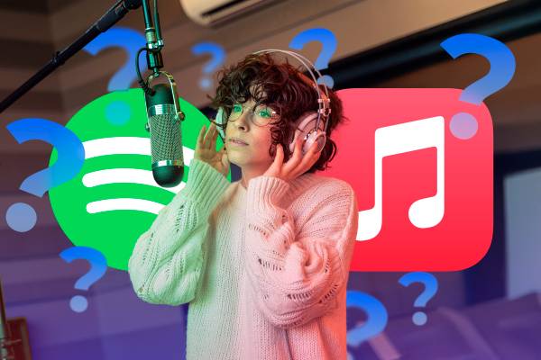 A woman wearing headphones with a microphone in front of her, and the logos of Spotify and Apple Music in the background with some question marks.