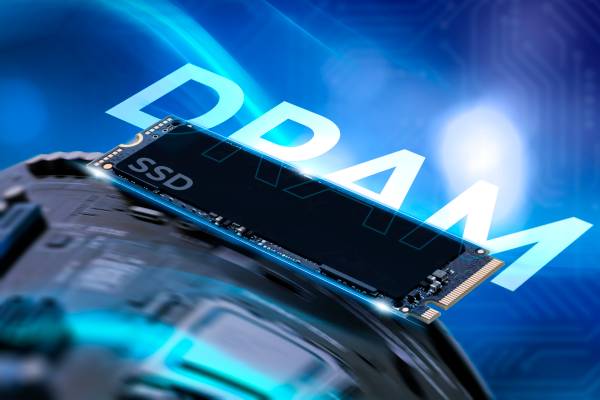 An NVMe SSD with some lights around it and 'DRAM' written beside.