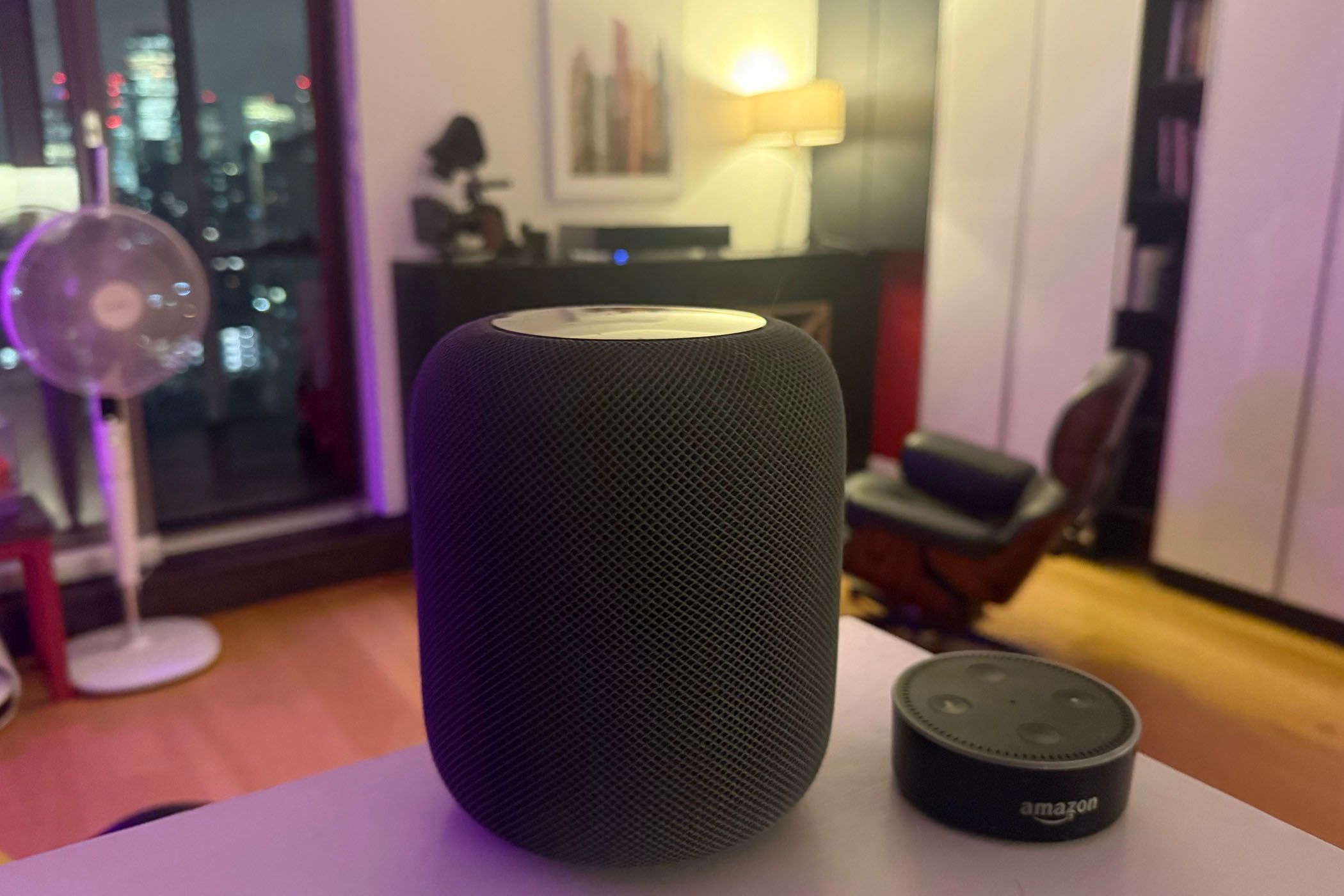 Apple HomePod and Amazo Echo smart speakers.