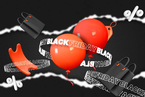 Balloons, coupons, shopping bags, discount icons, and 'Black Friday' written in the center.