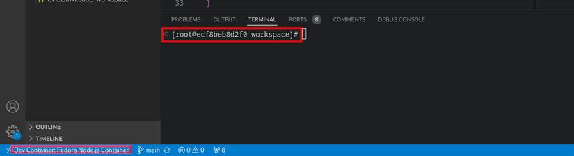 A screenshot of the lower portion of VSCode showing the terminal and container name indicator.