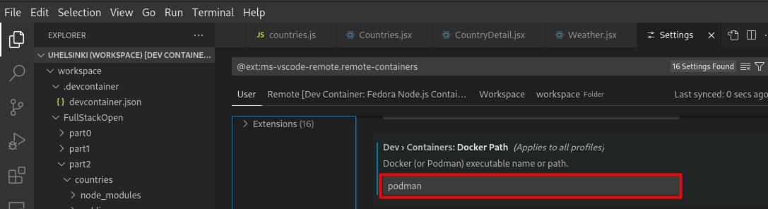 The VSCode remote container extension settings showing where to change the docker command path.