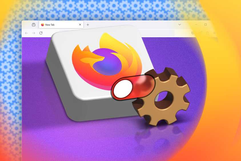 Logotipo do Firefox com um ícone Configurações e um comutador desativado.