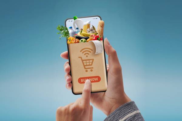 Hand holding a phone displaying groceries.