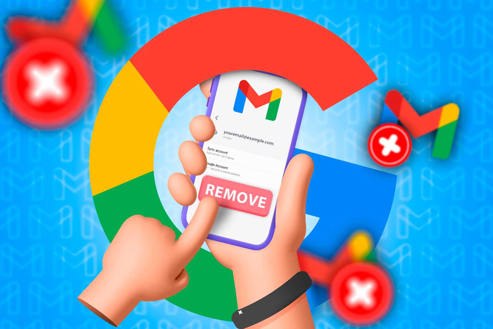 Ilustração de uma mão segurando um telefone celular removendo uma conta do Gmail.
