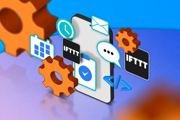 Illustration of a phone with some icons around, gears indicating automation, and the IFTTT logo.