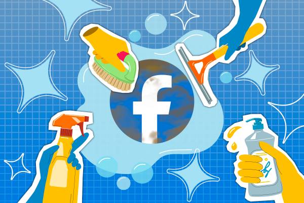 Illustration of the Facebook logo dirty with hands holding cleaning items, cleaning it. (1)