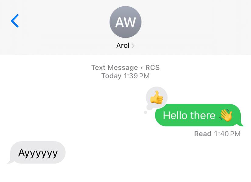 A conversation in an RCS chat with a thumbs-up reaction to a message.