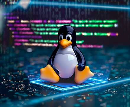 Маскот Linux на кристалле и фон с кодом.