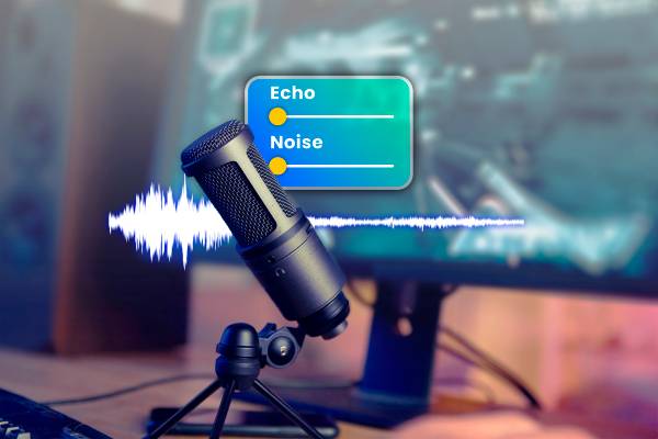 Microphone on a table with a window showing reduced echo and noise, and a PC in the background.